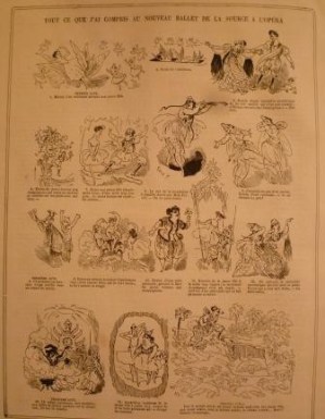 "La Vie Parisienne". Page de caricature de Felix Y sur le nouveau ballet "La Source". parue le 17 novembre 1865.