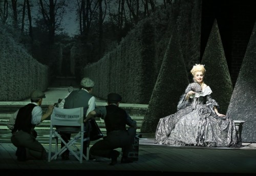 SINGIN’IN THE RAIN, Scenario Betty Comden et Adolph Green, Direction musicale Gareth Valentine, Mise en scene Robert Carsen, Costumes Anthony Powell, Choregraphie Stephen Mear, Decors Tim Hatley, Dramaturgie Ian Burton, Lumieres Robert Carsen et Giuseppe di Iorio, Orchestre de Chambre de Paris au Theatre du Chatelet le 10 mars 2015.Avec : Dan Burton (Don Lockwood), Daniel Crossley (Cosmo Brown), Clare Halse (Kathy Selden), Emma Kate Nelson (Lina Lamont), Robert Dauney (R.F. Simpson), Jennie Dale (Dora), Matthew Gonder (Roscoe Dexter), Matthew McKenna (Rod), Karen Aspinall (Zelda)(Photo by Patrick Berger)